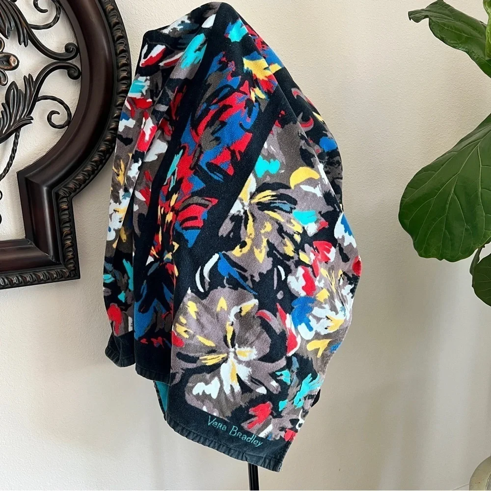 Vera Bradley Splash Floral Beach Towel Black Turquoise 100% Cotton 63” x 32”